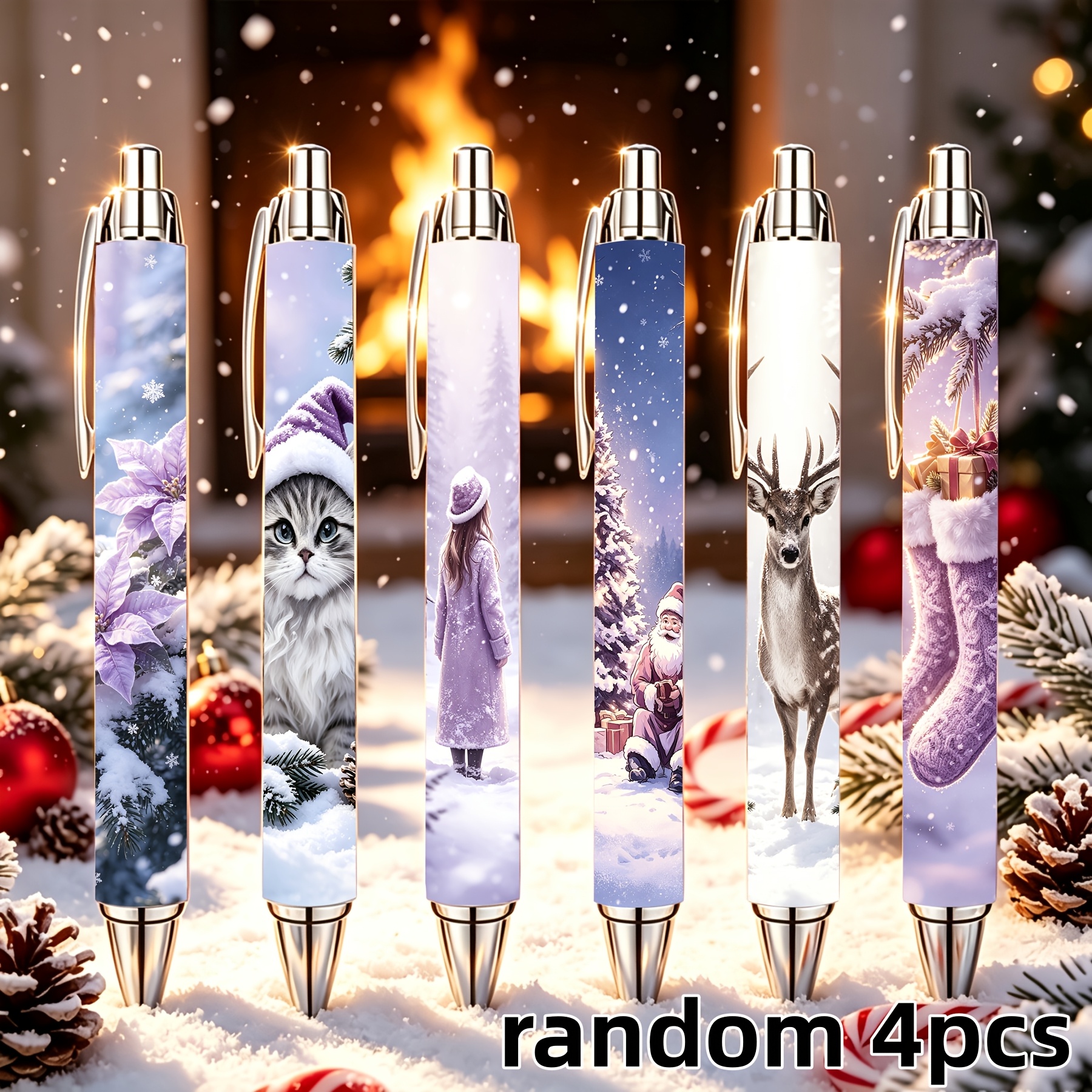 TEMU Christmas Ballpoint Pens, Random 4-pack With Snowman, Cat, Santa Claus, And Reindeer Christmas Pattern Push-type Ink Pens, Creative Holiday