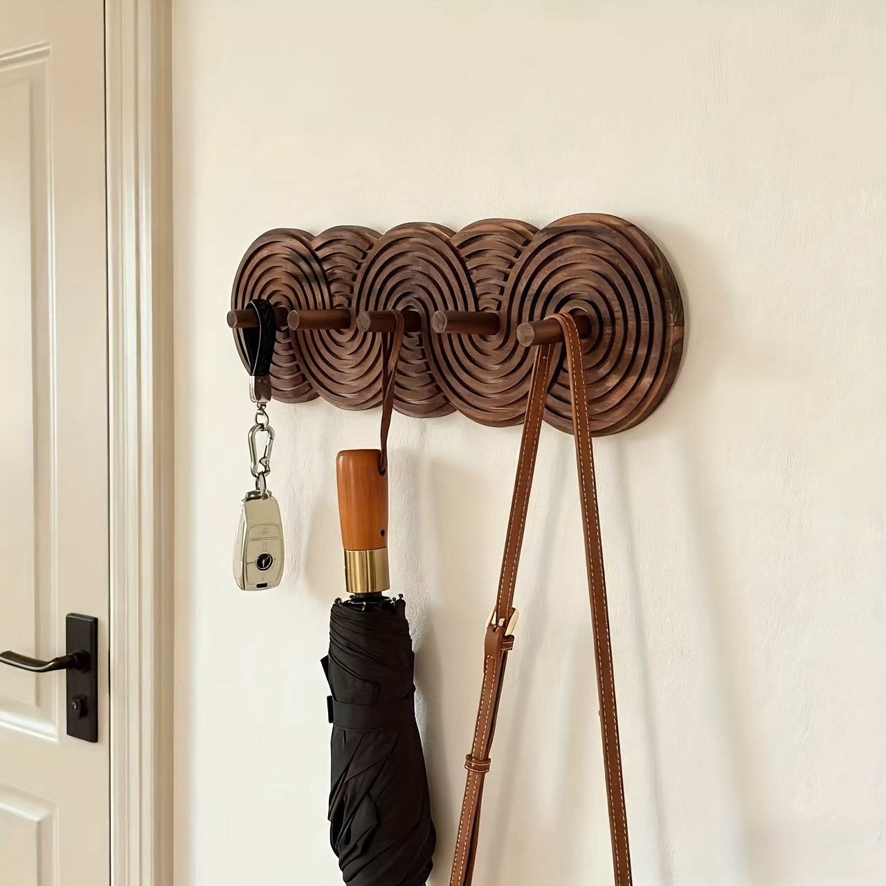 Creative Round Layered Design Solid Wood Hook, No-Drill Coat Hook for Living Room Entryway, Key Umbrella Bag Organizer Hanger
