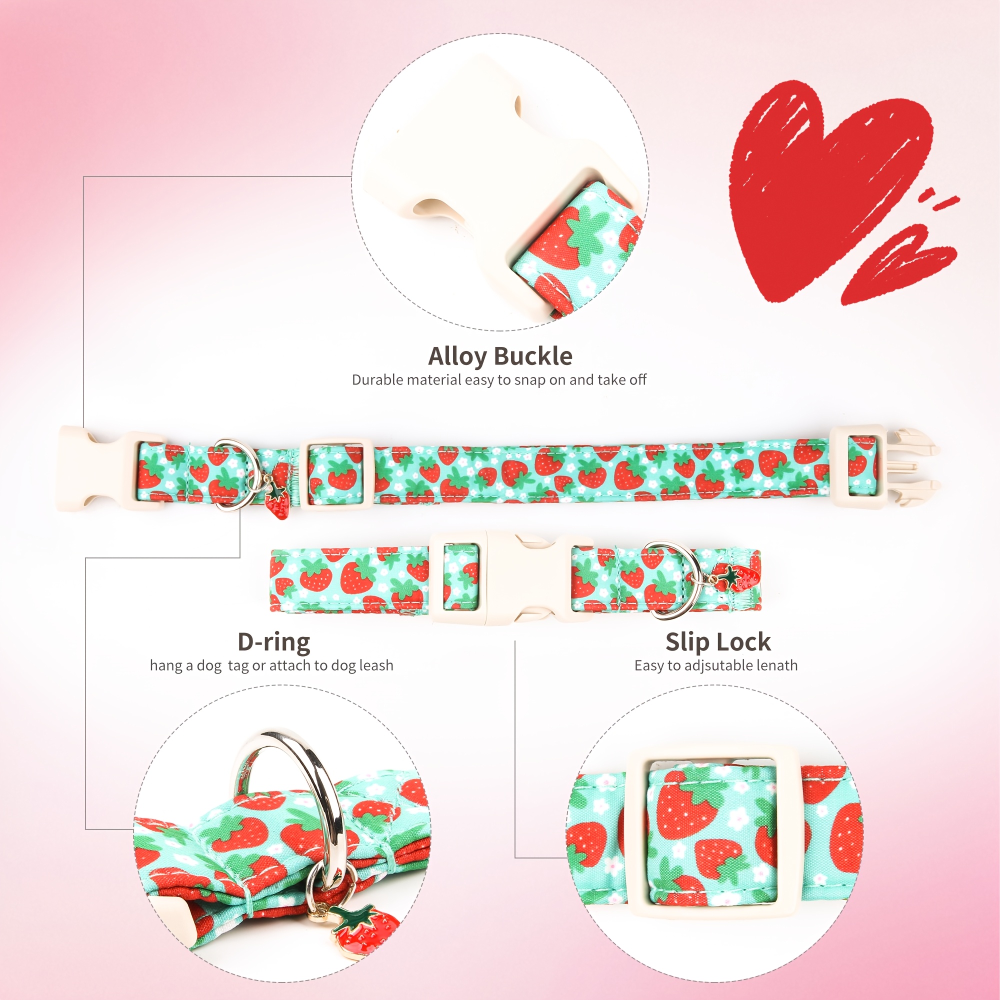 TEMU 1pc Mint Collar With Strawberry & White Floral Print | Adjustable , Charm, Multiple Sizes For Small Medium Large Dogs, Festive & Daily Use, Comfortable Touch For Dogs, Puppies