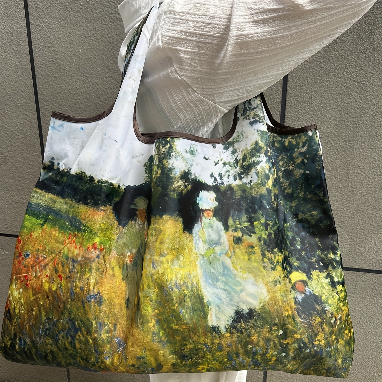 Image of Large Capacity Portable Shopping Bag, Lightweight And Foldable, Featuring An Oil Painting Of A Flower Sea, Suitable For Shoulder Carry Or As A Tote