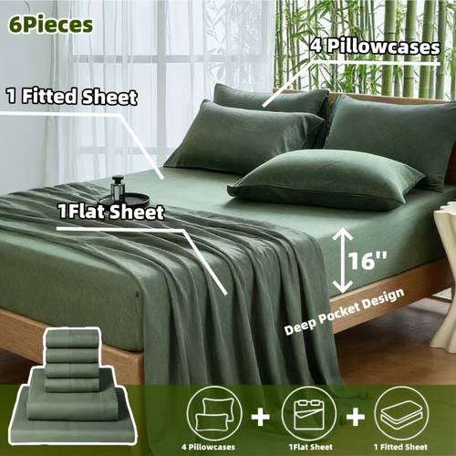 juego de sábanas de 6 piezas de fibra de bambú + de microfibra, transpirabilidad, , premium, 1* sábana ajustable + 1 sábana encimera + 4 fundas de almohada, diseño de bolsillo profundo de 40 cm, y , y