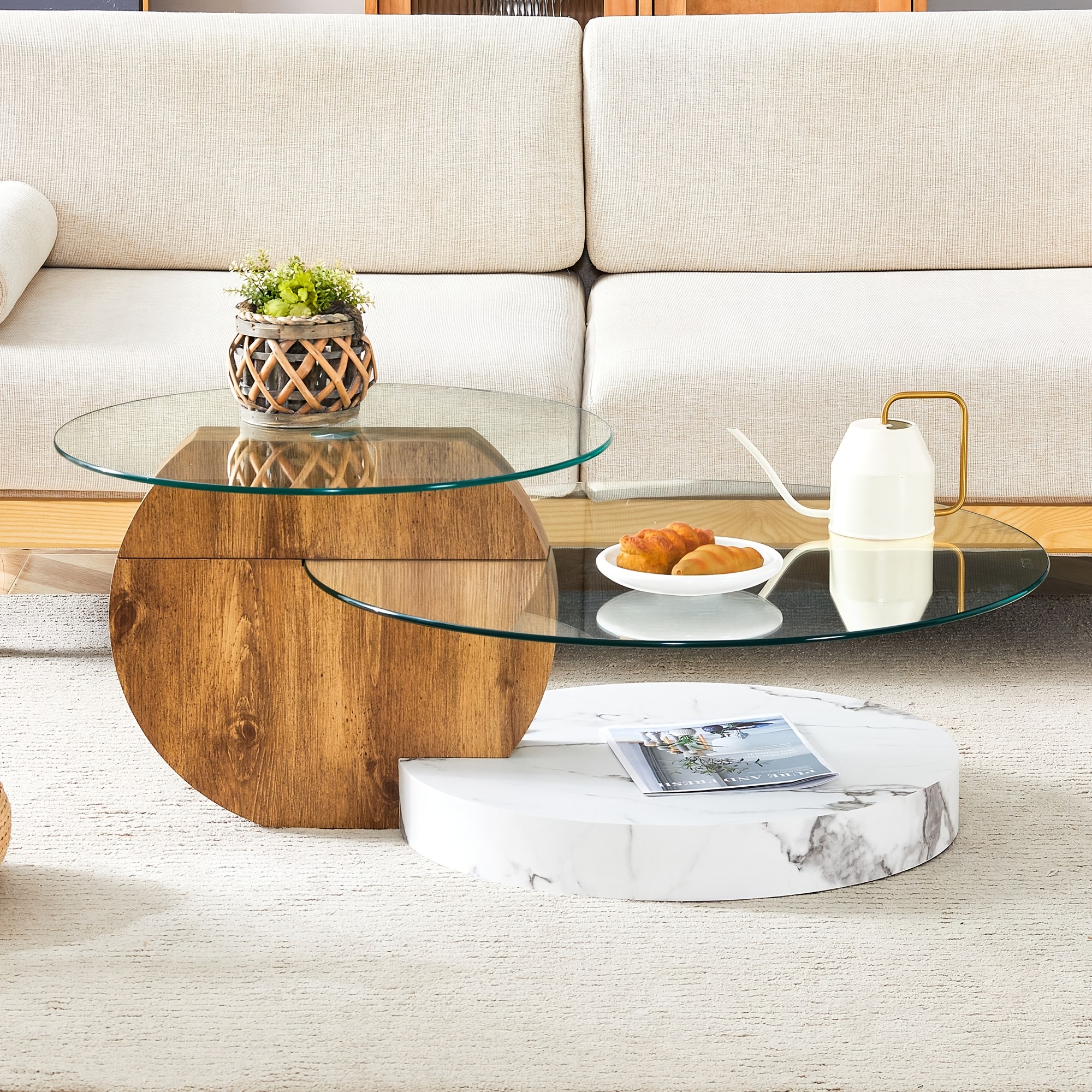 Glass Coffee Tables for Living Room Round Coffee Tables Modern Double Layer Round Table Circle Coffee Table for Small Space Home Office, Durable And Not Easily Broken, Easy to Assemble, Fashionable Design Feel (42 Inch X 17 Inch)