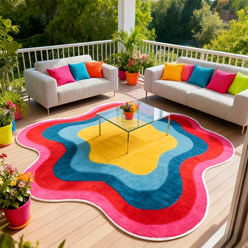 TEMU Velvet   1000g   10mm Bohemian Style Large Area Rug For Balcony, Modern Minimalist Abstract Living Room Decor, Colorful Rug In Dopamine Colors