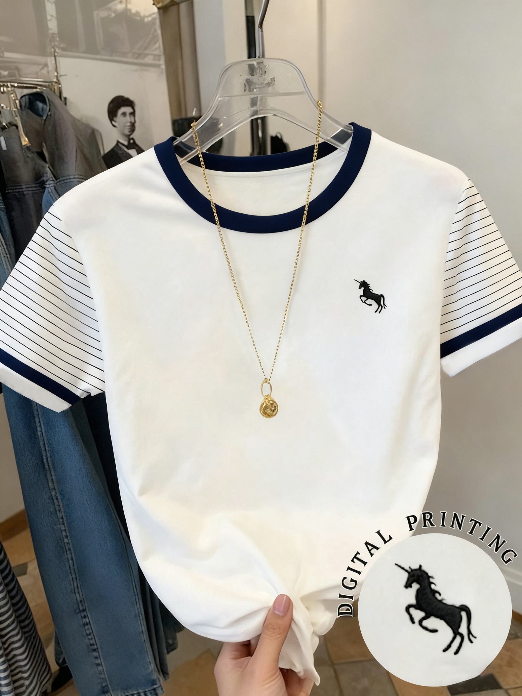 retro striped short sleeve t shirt for women summer loose casual round neck embroidered top