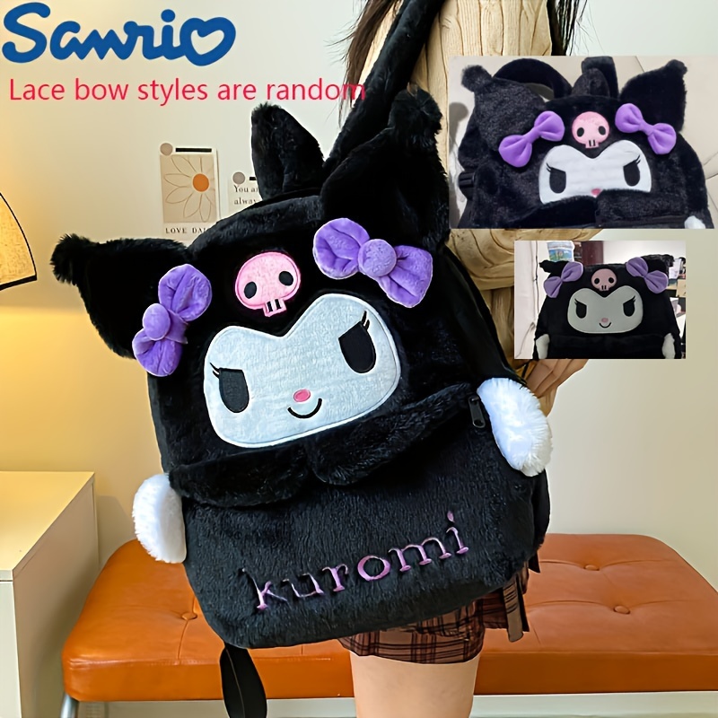 Image of Officially Licensed Kuromi Plush Backpack Crossbody Bag, 2 Gray-purple And Black-purple, Fade Resistant Machine Washable, Perfect Gift For Girls, Bow Styles Random By Batch