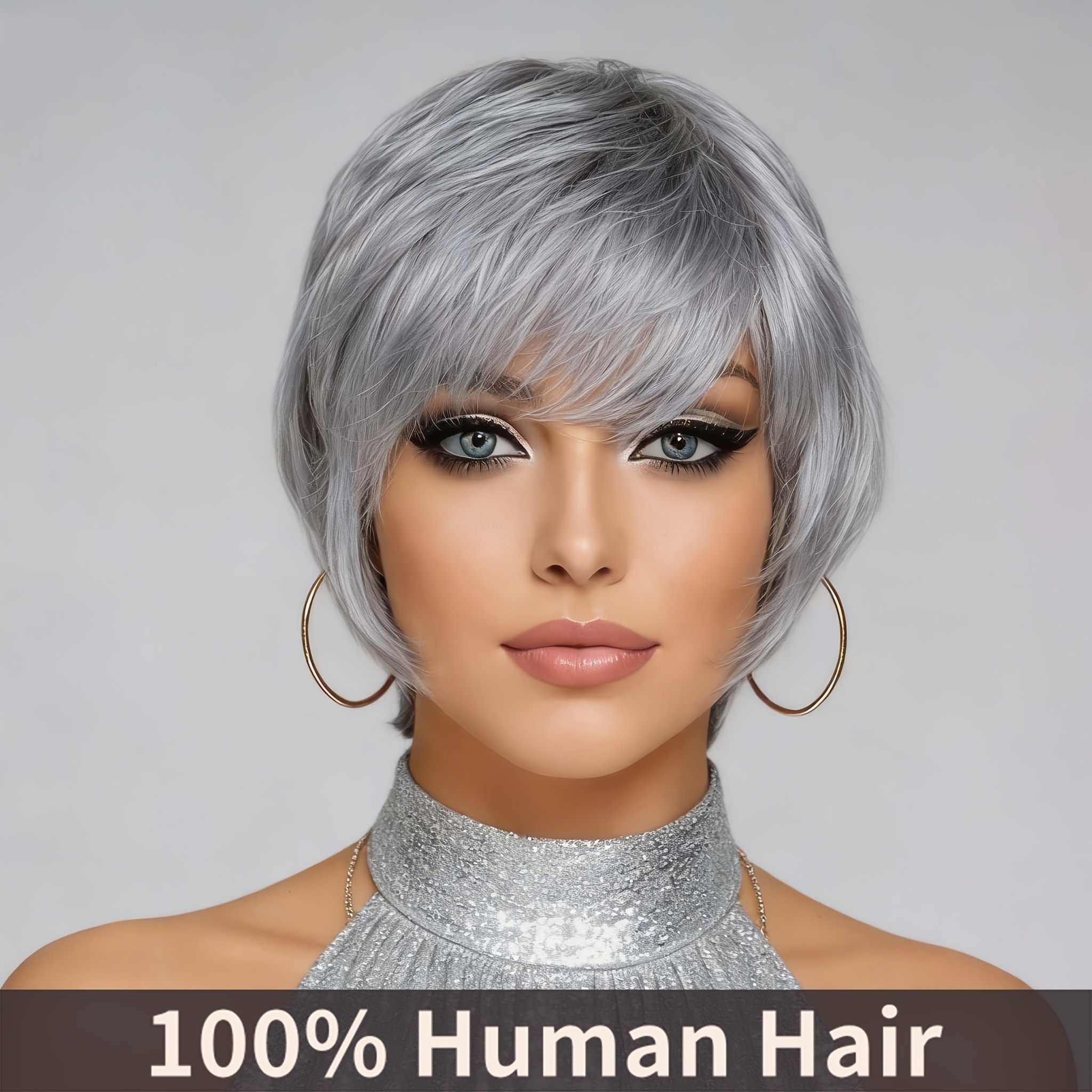 Image of Women's Human Hair Wig With Bangs - Short Cut Grey Hair Suitable For Daily Wear, Cosplay, Parties | Cap, 150% Density Straight Wig For /european, Asian/east Asian, African/african Hairstyle