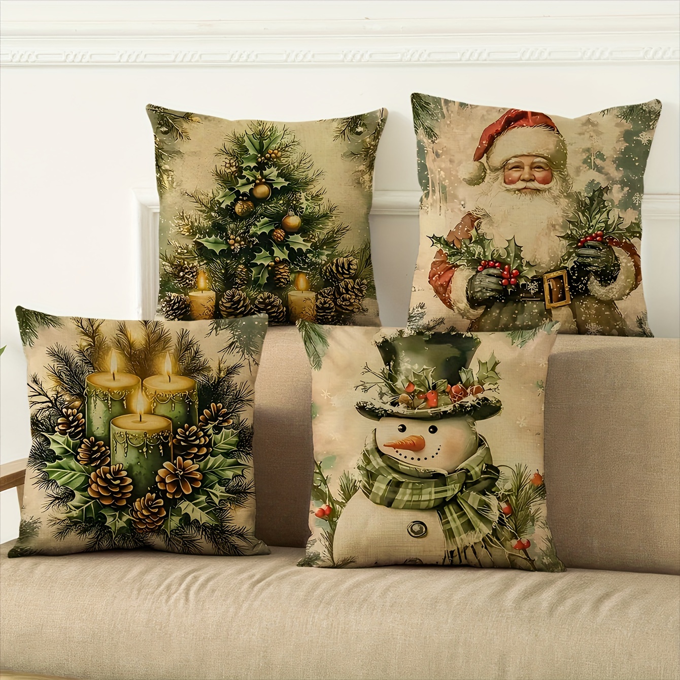 

4pcs Set Christmas Snowman & Pine Cone Decorative Linen Pillowcases - Soft, Skin-friendly & Machine Washable For Home, Living Room, Car & More