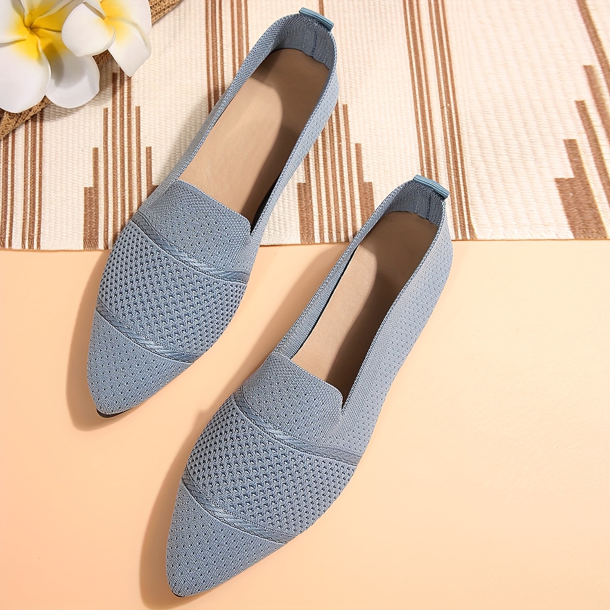 Elegant Ballet Flat Shoes For Women, Slip-On Breathable Soft Sole Daily Knitted Ballets, Point Toe Daily Wear