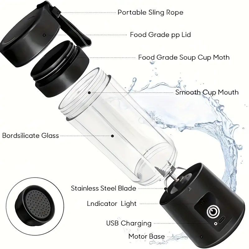 1pc licuadora portátil, 0.4l usb recargable hacedor de batidos con taza desmontable, base antideslizante, control de , cuerpo de plástico de grado alimenticio abs, batería de polímero de litio de 2000mah - ideal para batidos, shakes y jugos detalles 3