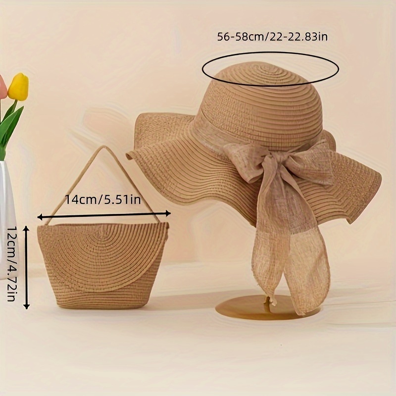 

2pcs/set Khaki Wide Brimmed Straw Hat With Bow And Matching Woven Shoulder Bag, Breathable And Uv Protective, Handmade, Decorative