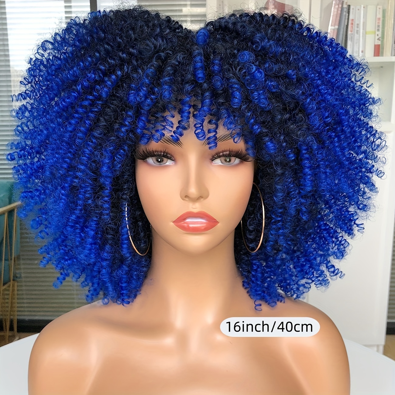 TEMU Natural Looking 16 Inch Synthetic Curly Wig With Bangs - Heat Resistant For , Parties, And Cosplay