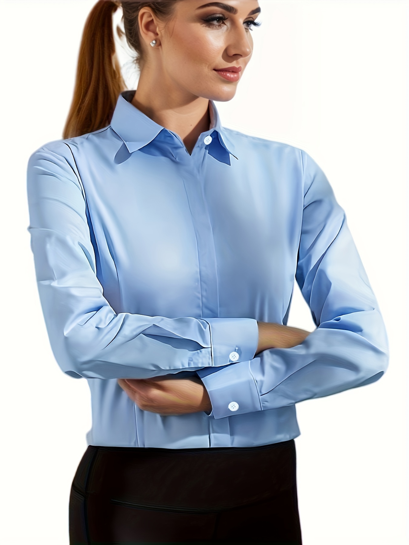Solid Button Front Simple Shirt, Versatile Long Sleeve Shirt For Office &  Work, Women's Clothing