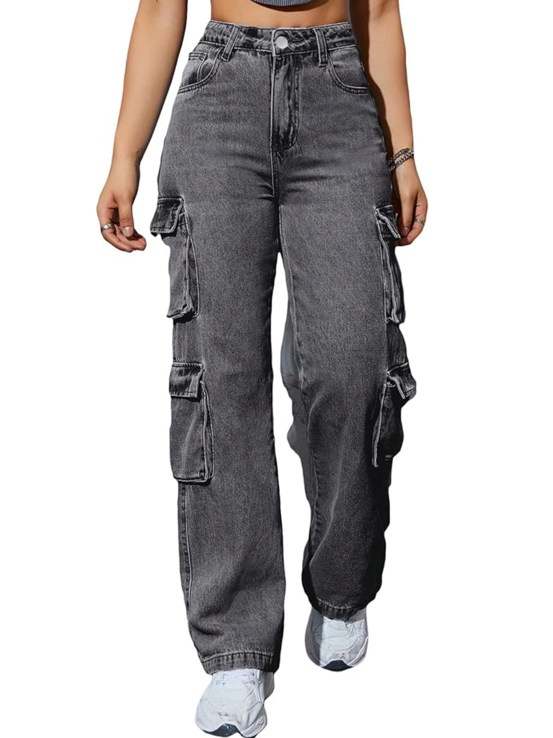 womens high waisted utility denim pants flap pockets loose - Temu