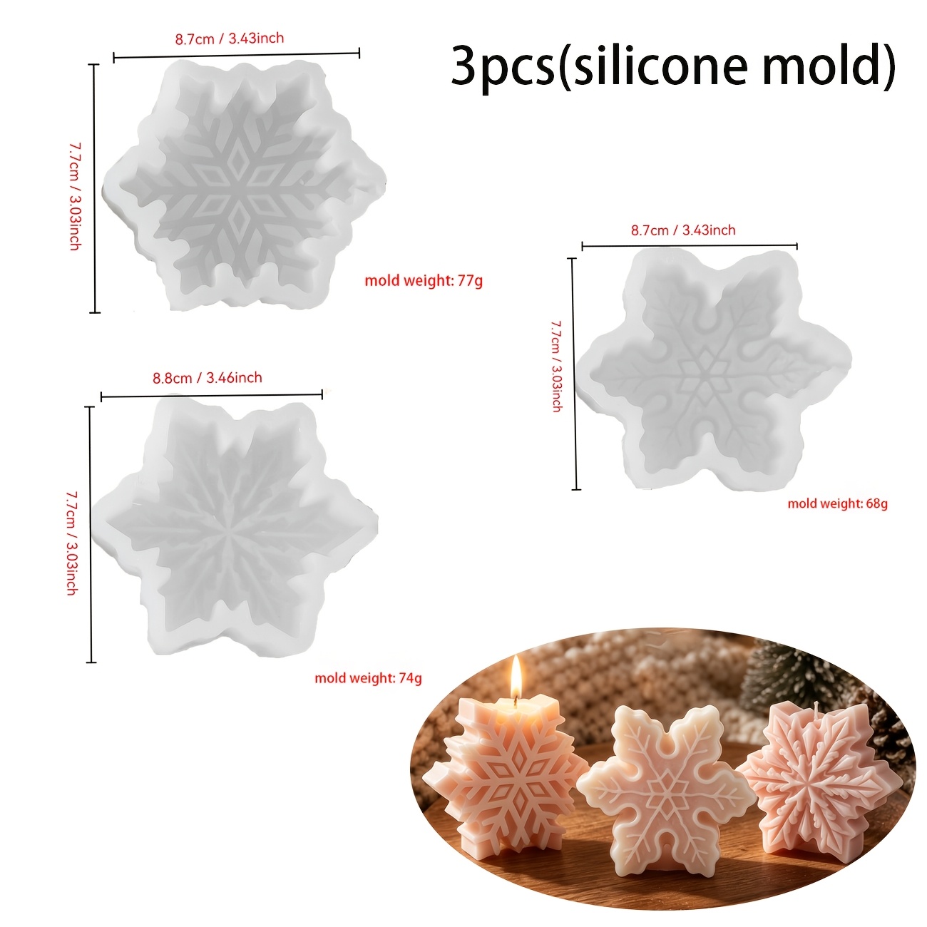 TEMU 3pcs Snowflake Silicone Candle Molds, Christmas Theme Six-petal Snowflake Silicone Molds, Gypsum Decoration, Resin Casting Craft, Flexible And