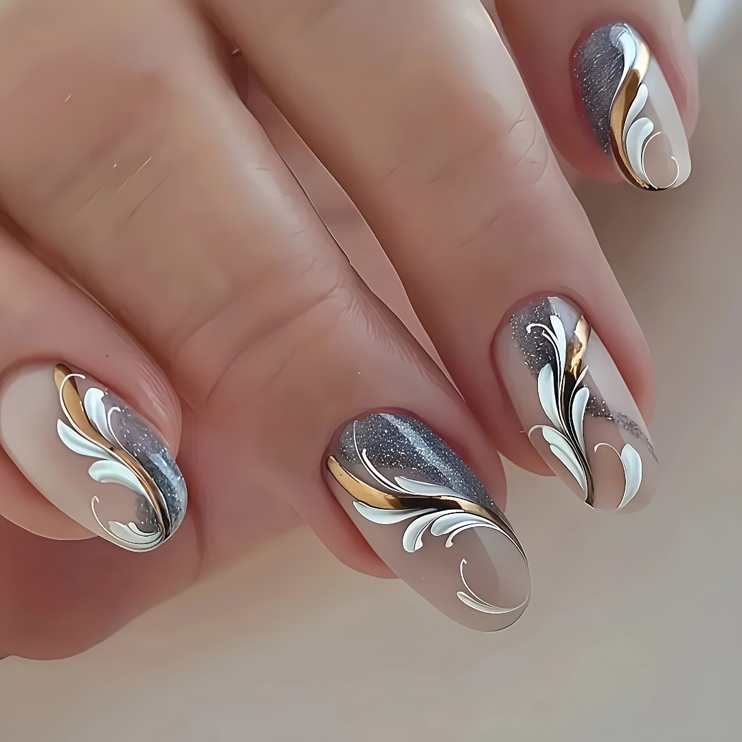 TEMU Uñas postizas de gel con , 30 piezas, forma media, para mujer, decoración de uñas acrílicas reutilizables. Diseño elegante y minimalista con