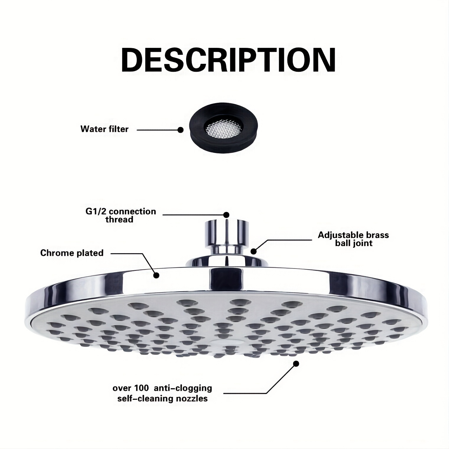 Large 8-Inch Supercharged Rain Shower Head with 360° Rotatable Filter