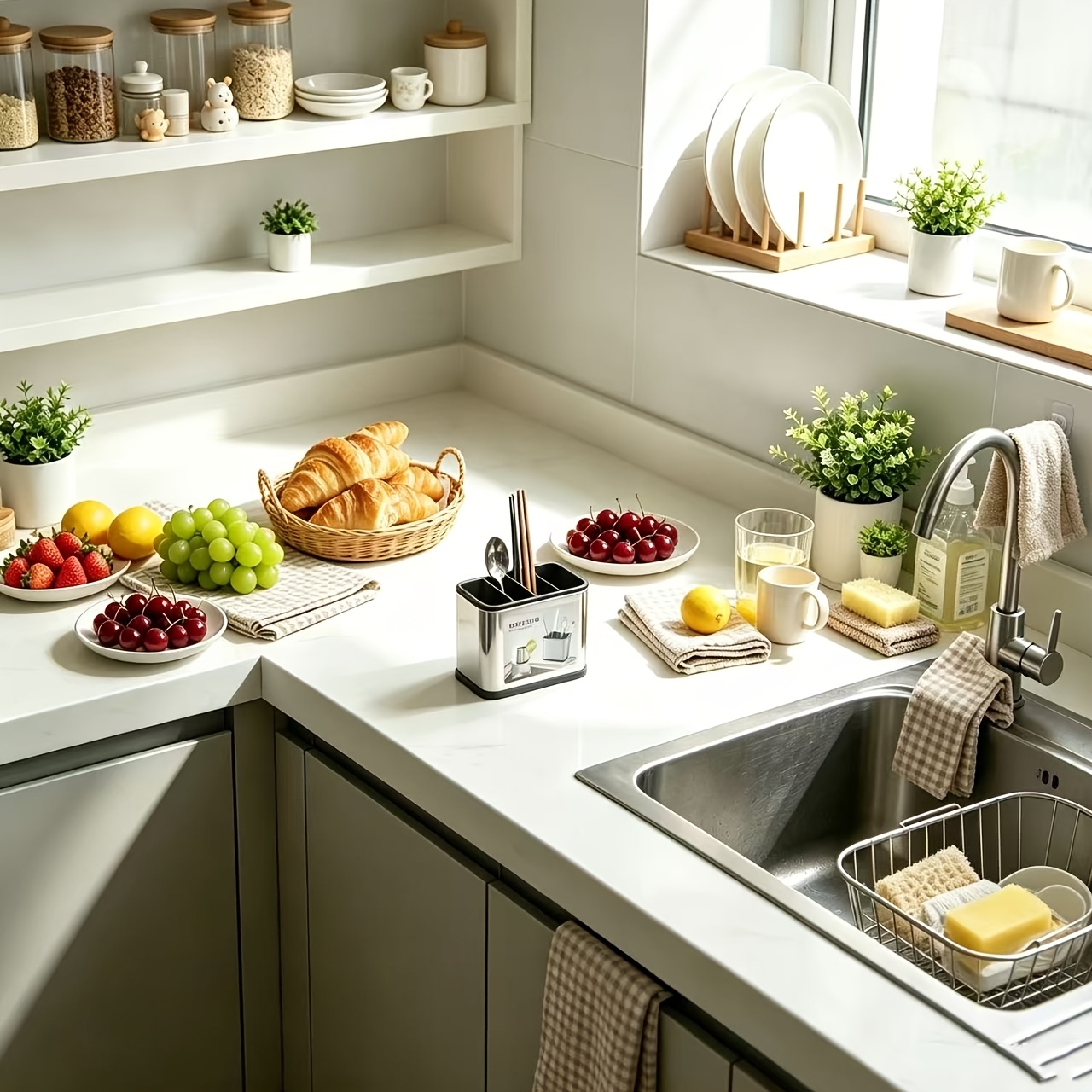 TEMU Organisateur d'ustensiles de cuisine pratique, espace à quatre compartiments pour ranger cuillères, couverts et spatules, bac de rangement pour