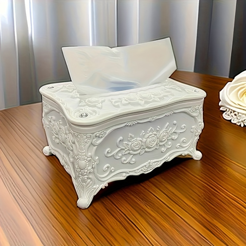 

1pc Elegant European Style Tissue Box Holder, Luxury Plastic Napkin Dispenser, Floral Design For Home, Kitchen, Restaurant, Bathroom Decor, White