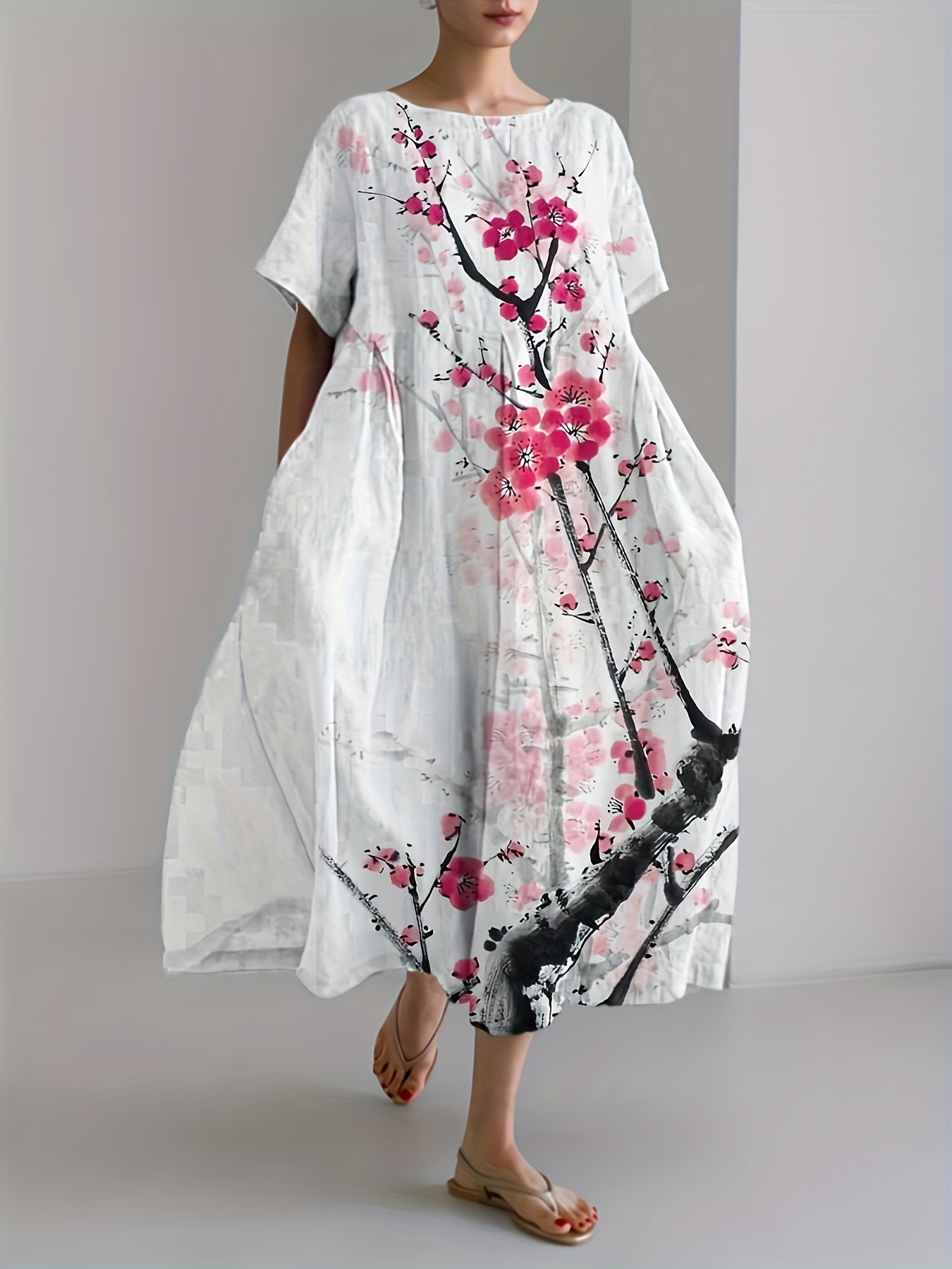plus size - elegantes langes kleid in großen größen mit  , lockerer passform und breitem saum, im japanischen tinte- -design mit blumenkirschblüten-druck,   für partys