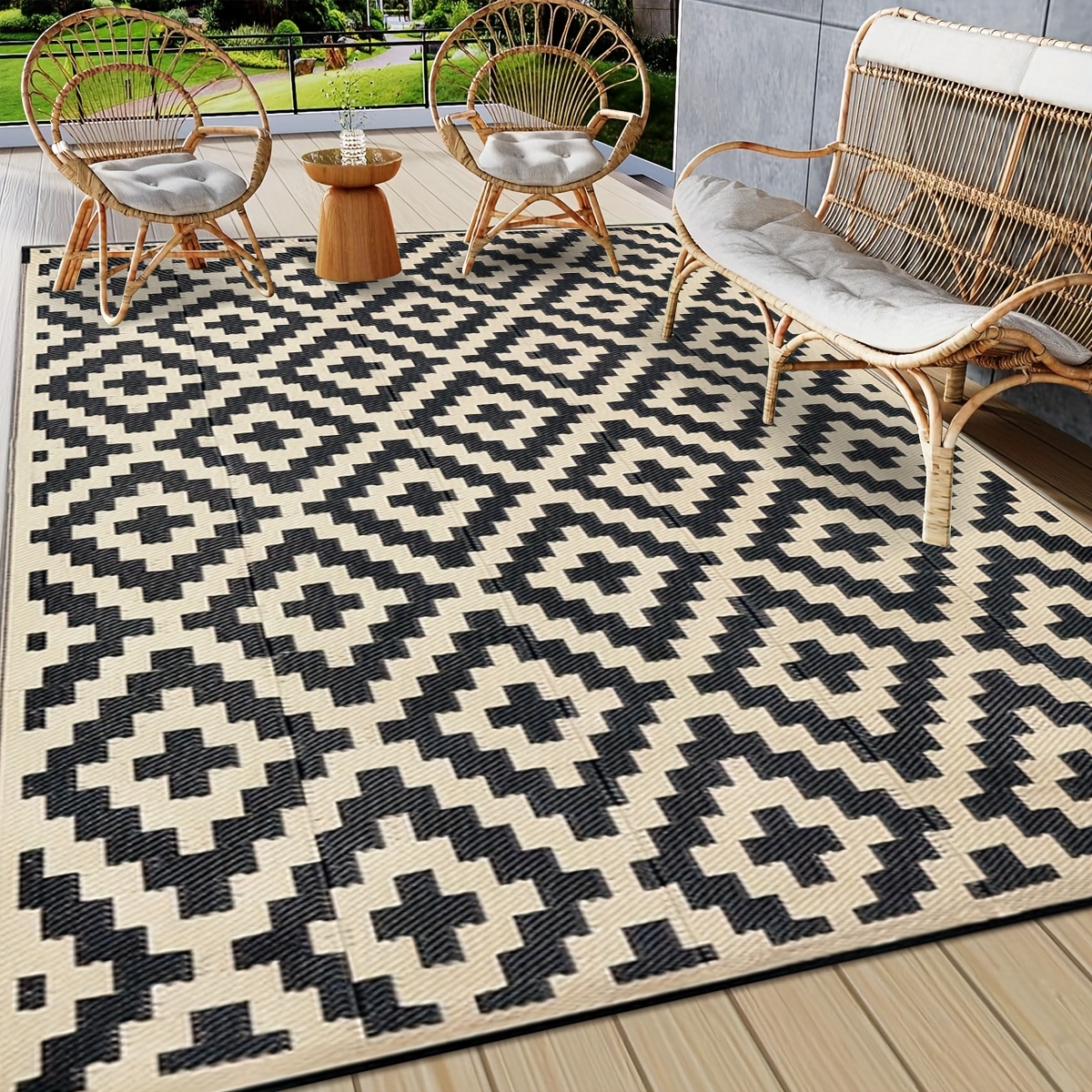 outdoor carpet with carry and ground pegs double sided plastic rug   large floor mat suitable for outdoor use rvs patios backyards decks picnics   camping in black and beige