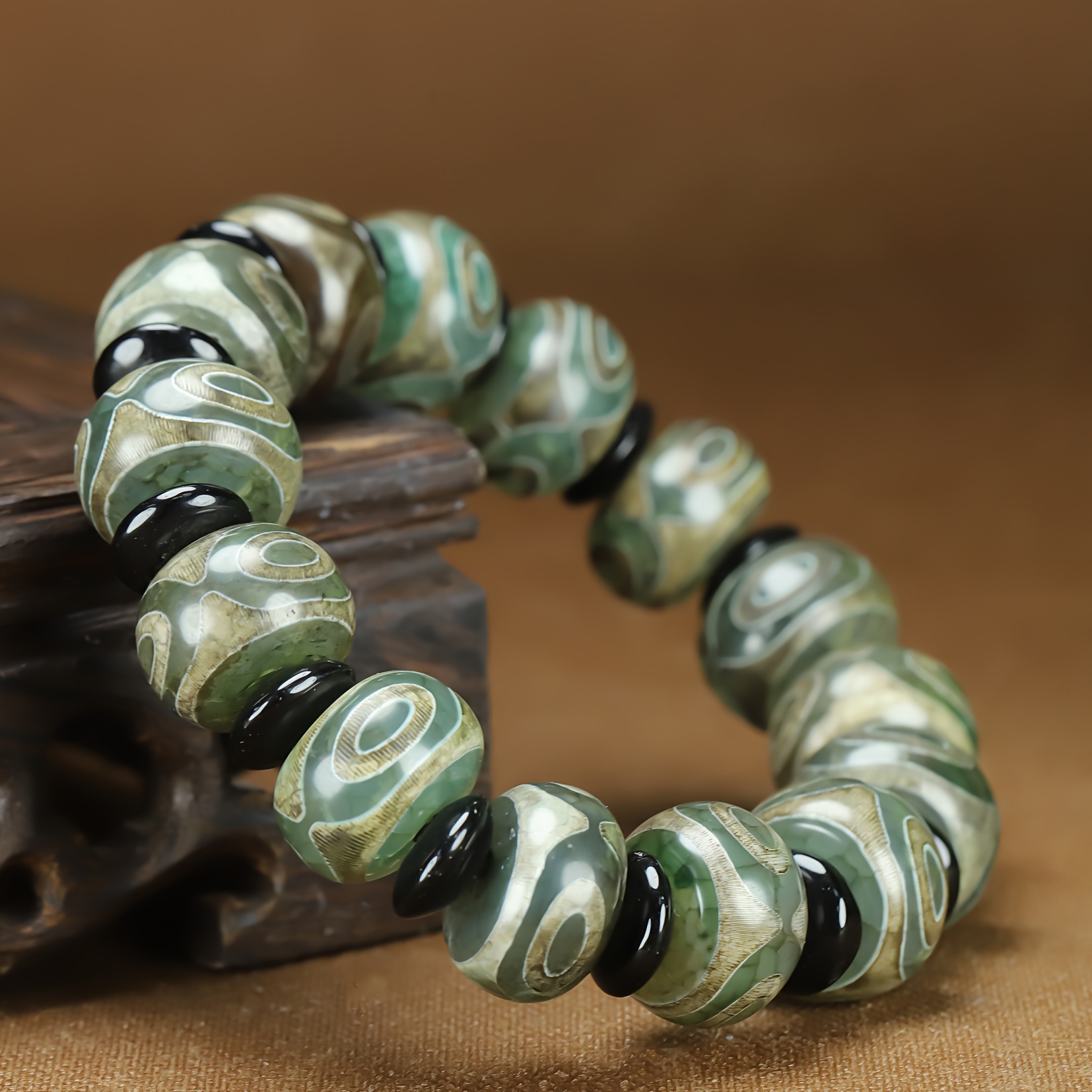 TEMU Elegant Men's Agate Bead Bracelet With Green Nine- Dzi Beads - Fashionable Crackled Design