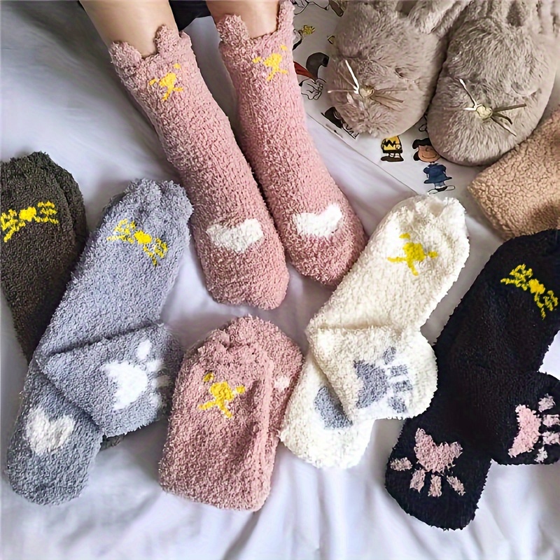 

3/5 Pairs Of Coral Velvet Socks Mid-calf Socks For Women, Ins Cartoon Autumn And Winter Thickened Floor Socks, Home Warm Sleeping Socks