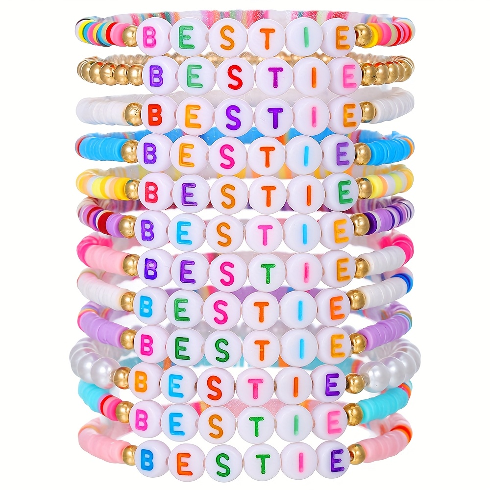 TEMU 12pcs Set Bohemian Colorful Letter Bestie Beaded Sister Friendship Polymer Clay Bracelet Set, Stackable, Suitable For Daily Wear And Gifting,