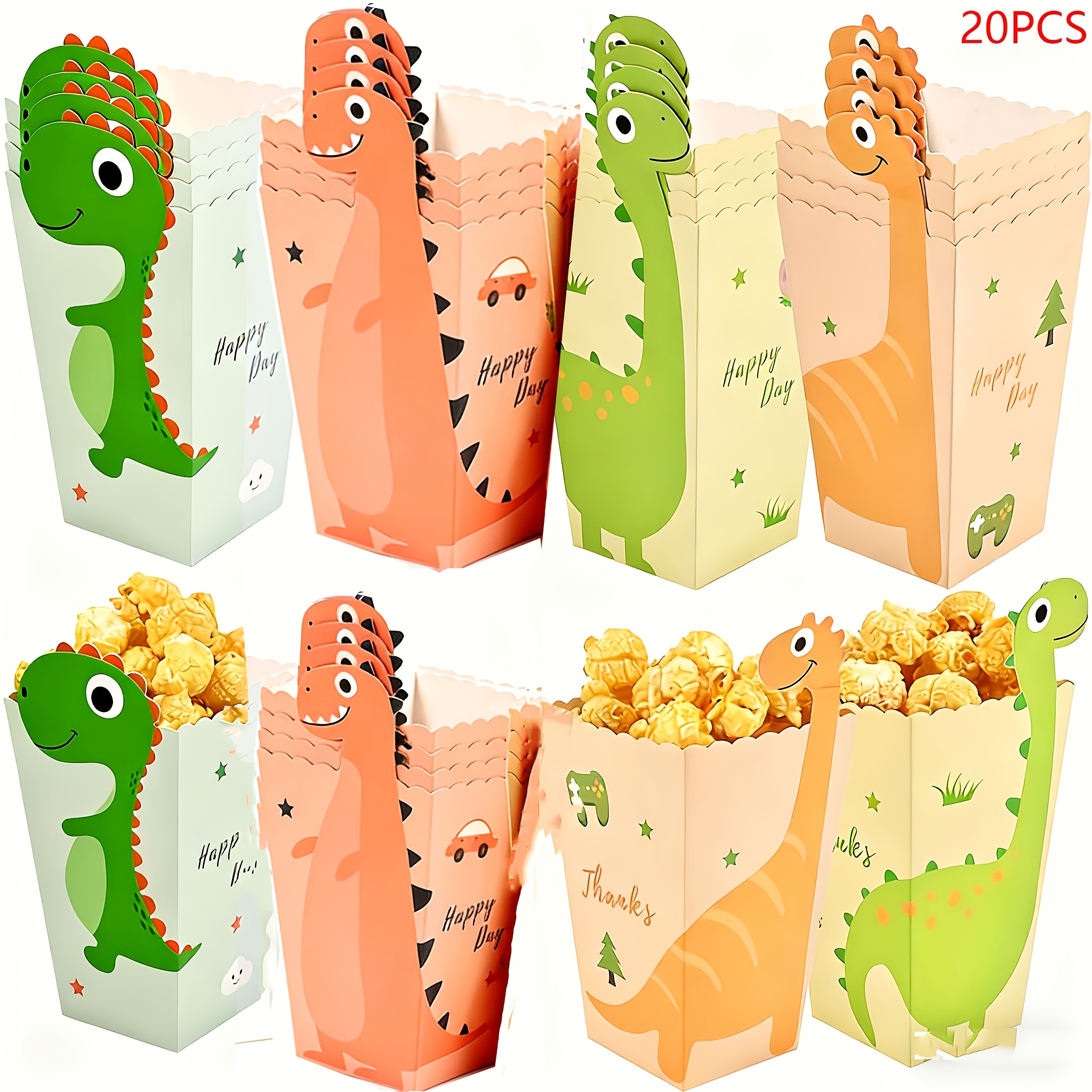 E-shop 20er Pack süße Cartoon-Dinosaurier-Popcorn-Fritten-Papier-Geschenkboxen - Langlebiges hochwertiges Papier für Geburtstage, Jubiläen,