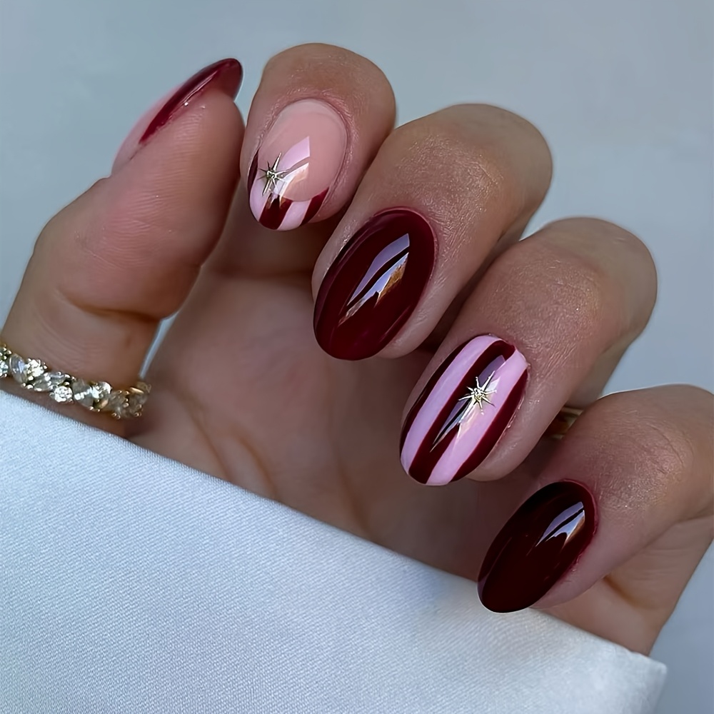 TEMU 24pcs Short Oval Press On Nails For Women, Mixed Design With Solid, Nude Tone French Tip, Pink Stripe And Silver Starburst Print, Retro , Glossy