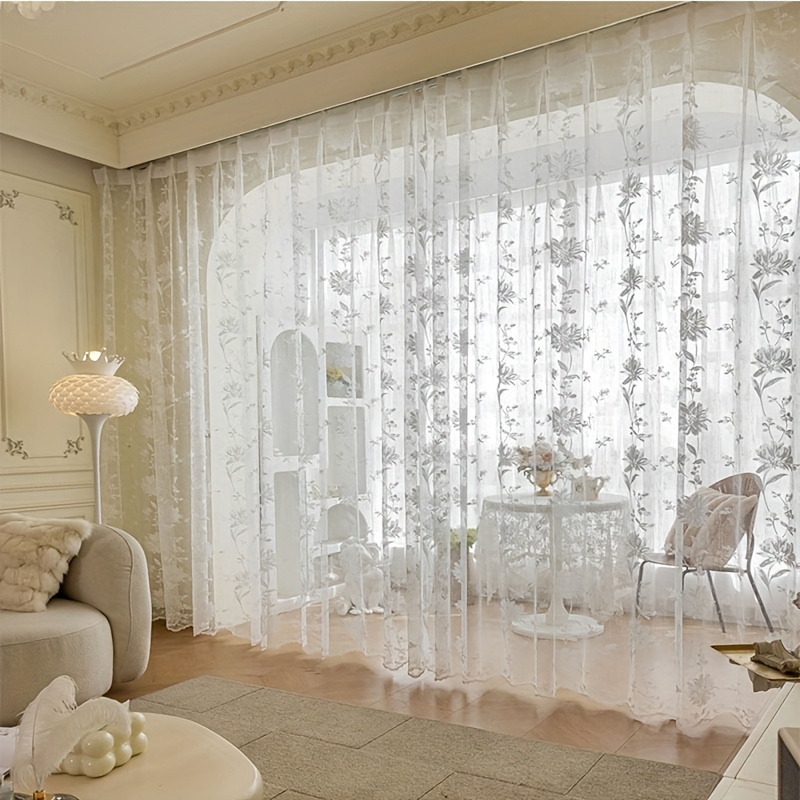 1pc Elegant White Floral Striped Curtain, Ladies' Style, Cute And Sweet, Rod For Easy Hanging, Suitable For Living Room, Balcony, Bedroom, , 's Room, Office, ' Room Window Decoration