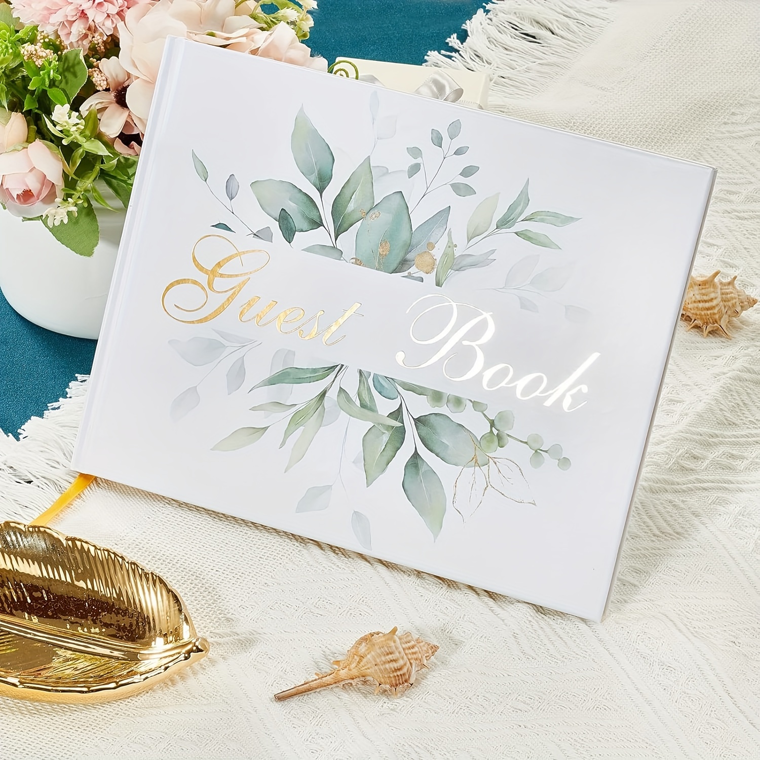 

Elegant Eucalyptus Golden Foil Wedding Guest Book - 7" X 9" Hardcover Sign-in Registry For Reception Guest Book For Wedding Reception