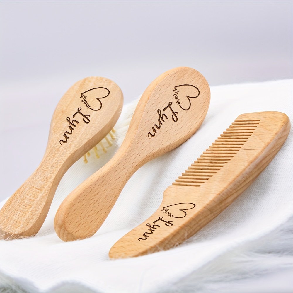 

Custom Name & Love Heart Wooden Hair Brush And Comb Set - Perfect Day Gift For Mom, Grandma, Girlfriend - Goat Wool , Handle