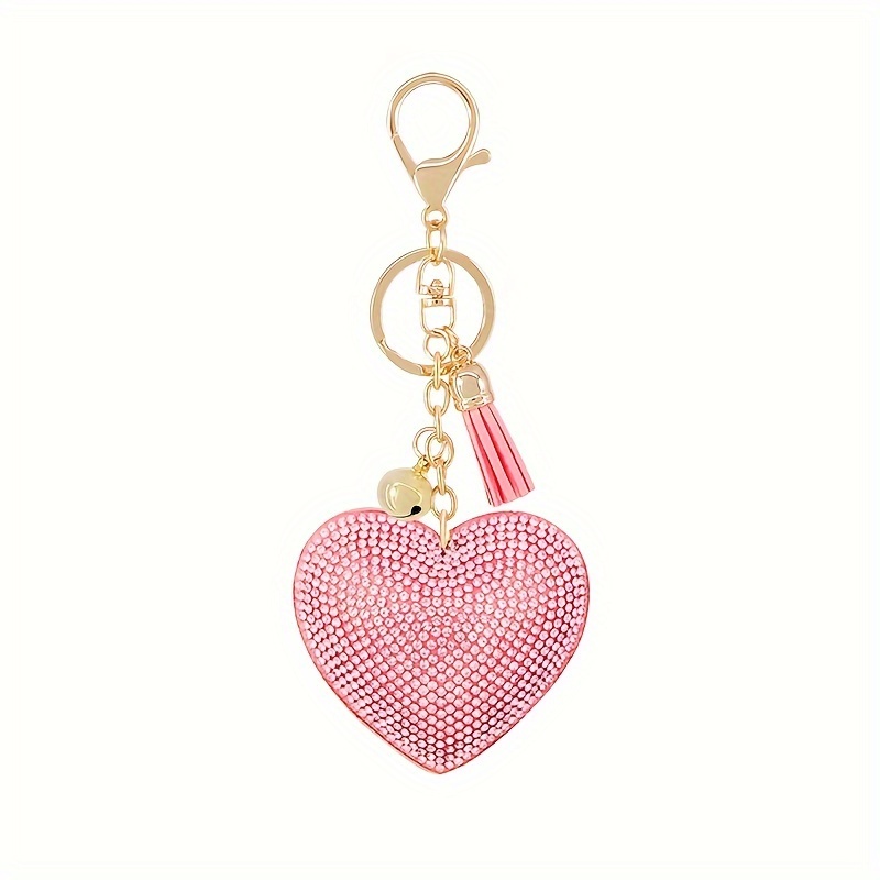 New Rhinestone-studded Fleece Alloy Keychain With Peach Heart And Tassel, Creative Car Key Bag Charm Gift For