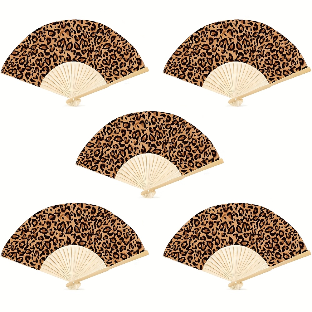 Image of 1pc/5pcs Leopard Print Folding Bamboo Hand-held Fan Print Birthday Party Favors For Wild Animal Leopard Theme Birthday Party Supplies Bridal Shower Wedding Gift For Guest For Party Decorations