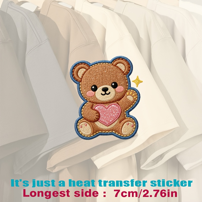 TEMU Cute Teddy Bear With Pink Glitter Heart, Brown And Beige Fabric, Blue Outline, And, Heat Transfer Stickers Are Suitable For Flat Fabrics Such ,