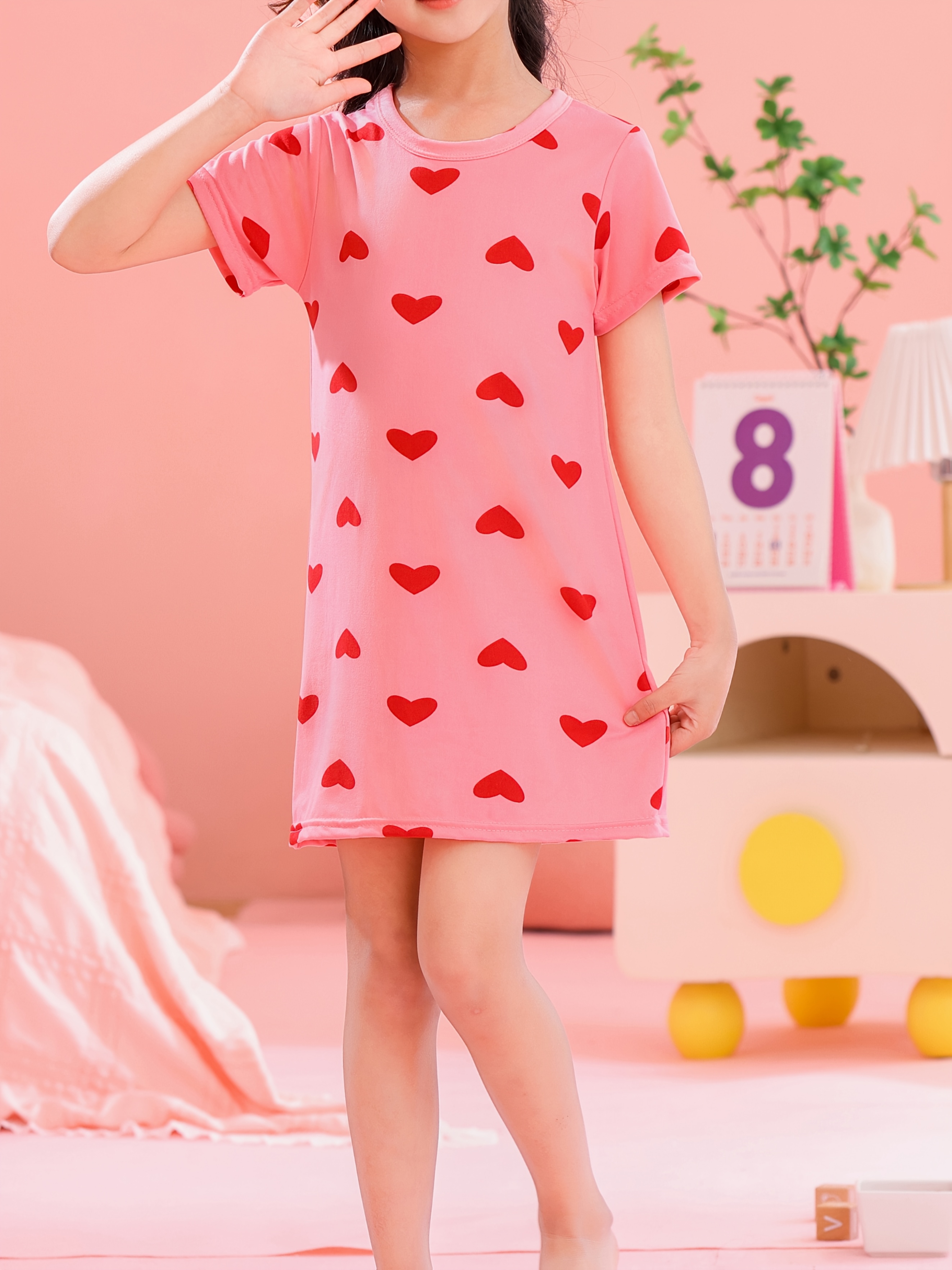 Girls' Print Sleep Dress Nightgown Short Sleeve -Line Nightdress with  Pajama Loose-Fit Summer Sleepwear for Kids 4-