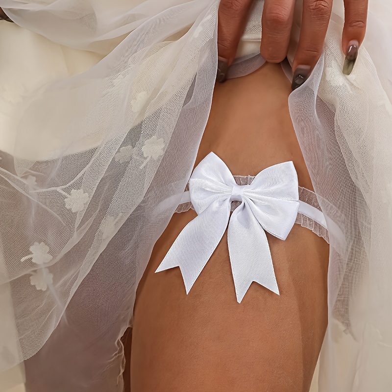 

1pc White Lace Bow Garter, Elegant Bridal Leg Ring Pendant, Thigh Chain, Wedding Suspender Belts Accessory