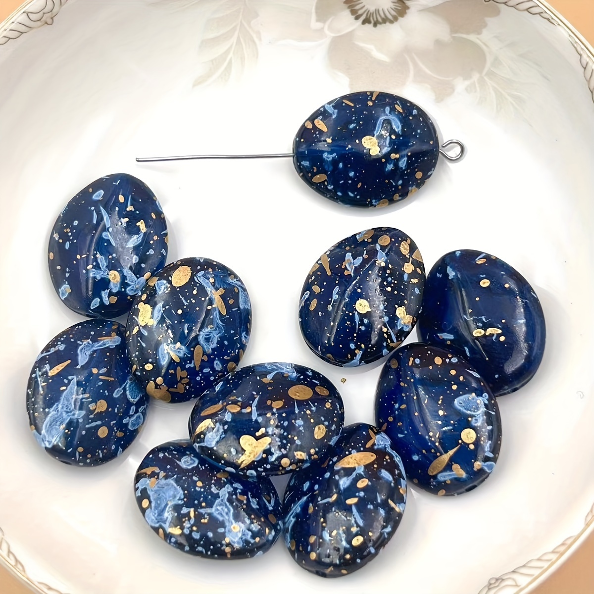 

10pcs Blue Acrylic Beads With Golden Splatter – Ink Effect Irregular Shape - Ideal For Fashion Jewelry Crafting