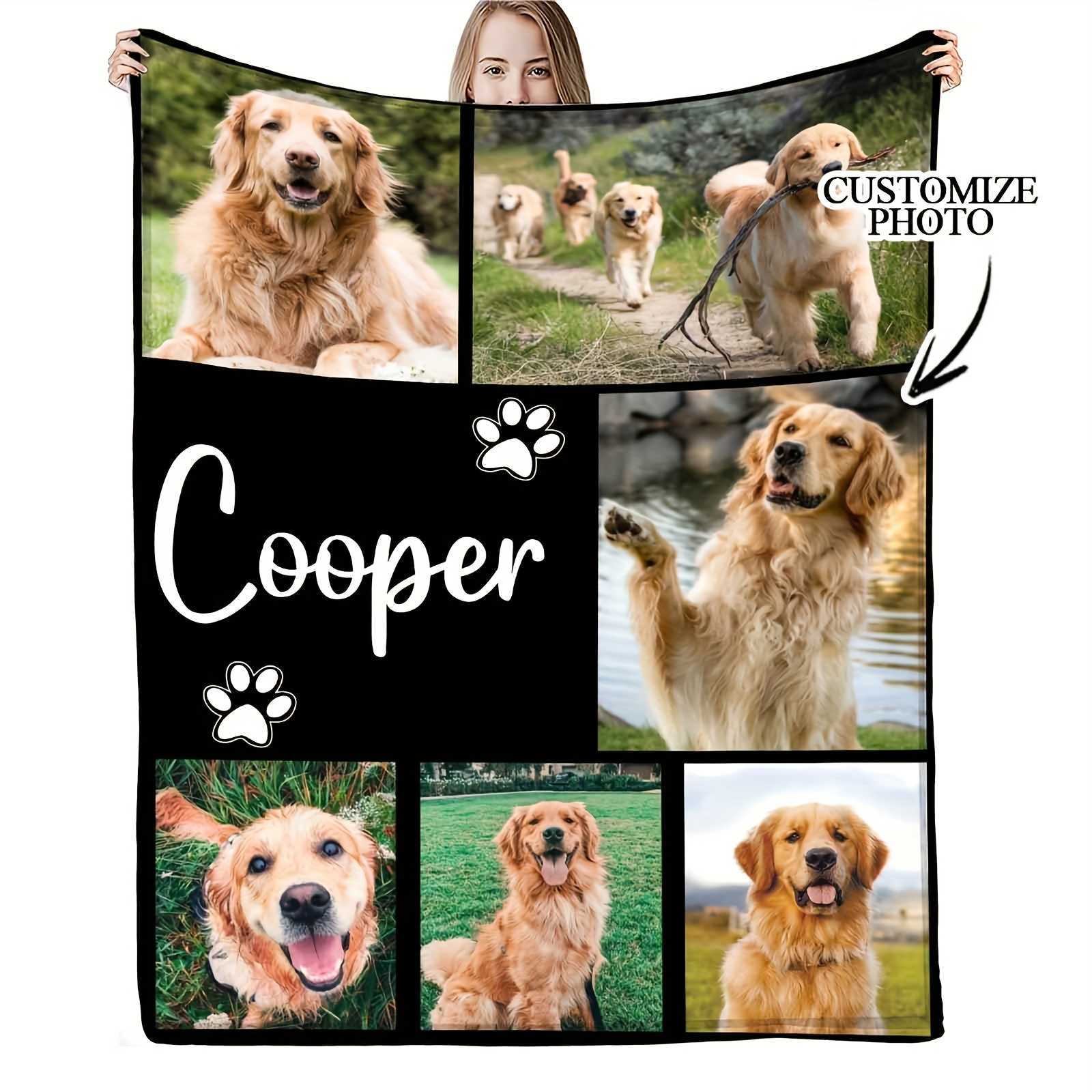 TEMU 1pc Custom Pet Photos Collage Flannel Blanket With Text, Personalized Name, Dog Memorial Gifts, Custom Photo Blanket Pet Loss Gifts, Sympathy