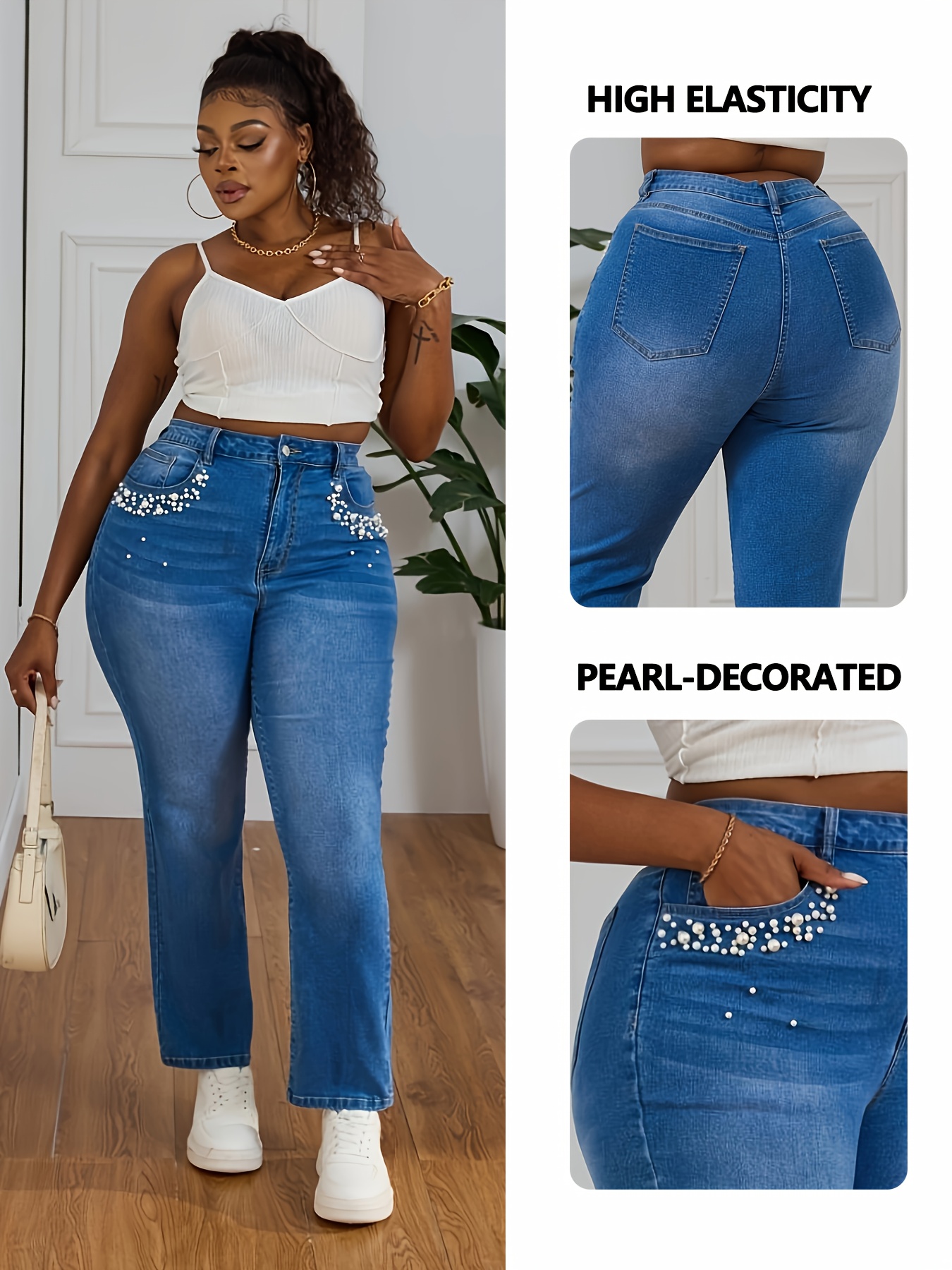 Jeans de Mujer con Perlas Tallas Elegantes Pantalones Vaqueros Casuales  con Perla, Cierre de Cremallera Cintura