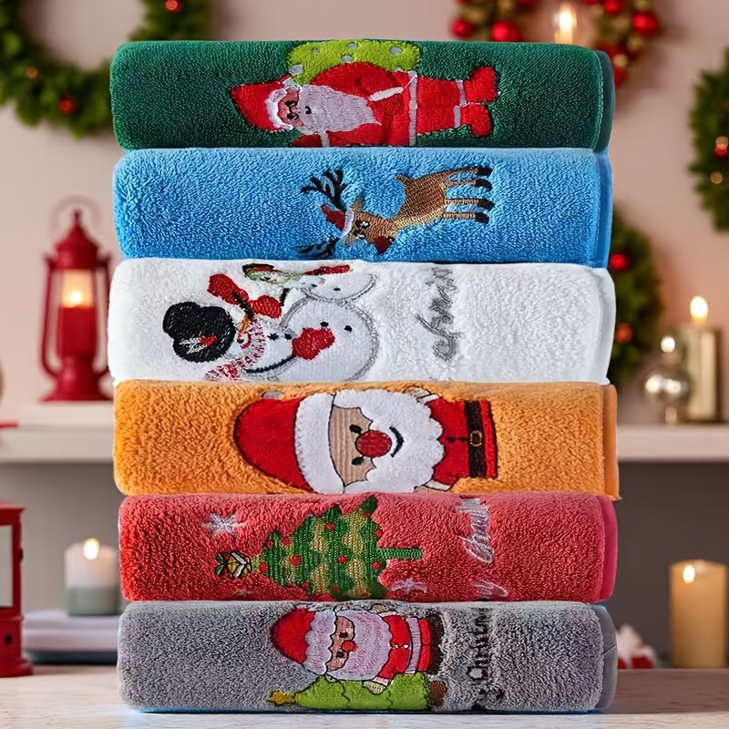 TEMU 6-pack Embroidered Christmas Coral Towels, Water Absorbent & Soft