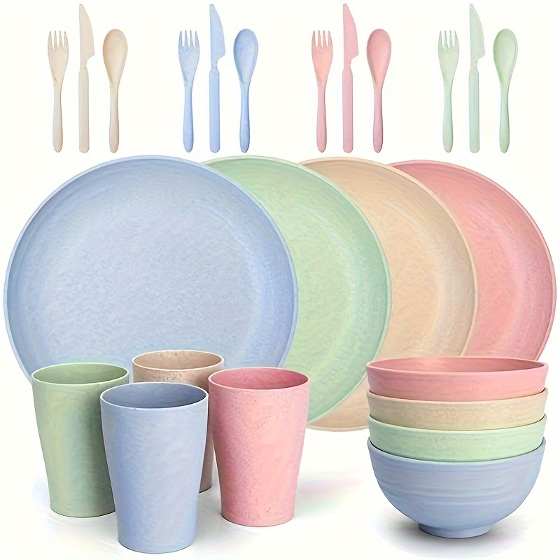 

24- Plastic Dinnerware Set: , , And Suitable For - Includes Plates, Bowls, Cups, , Knives, And In