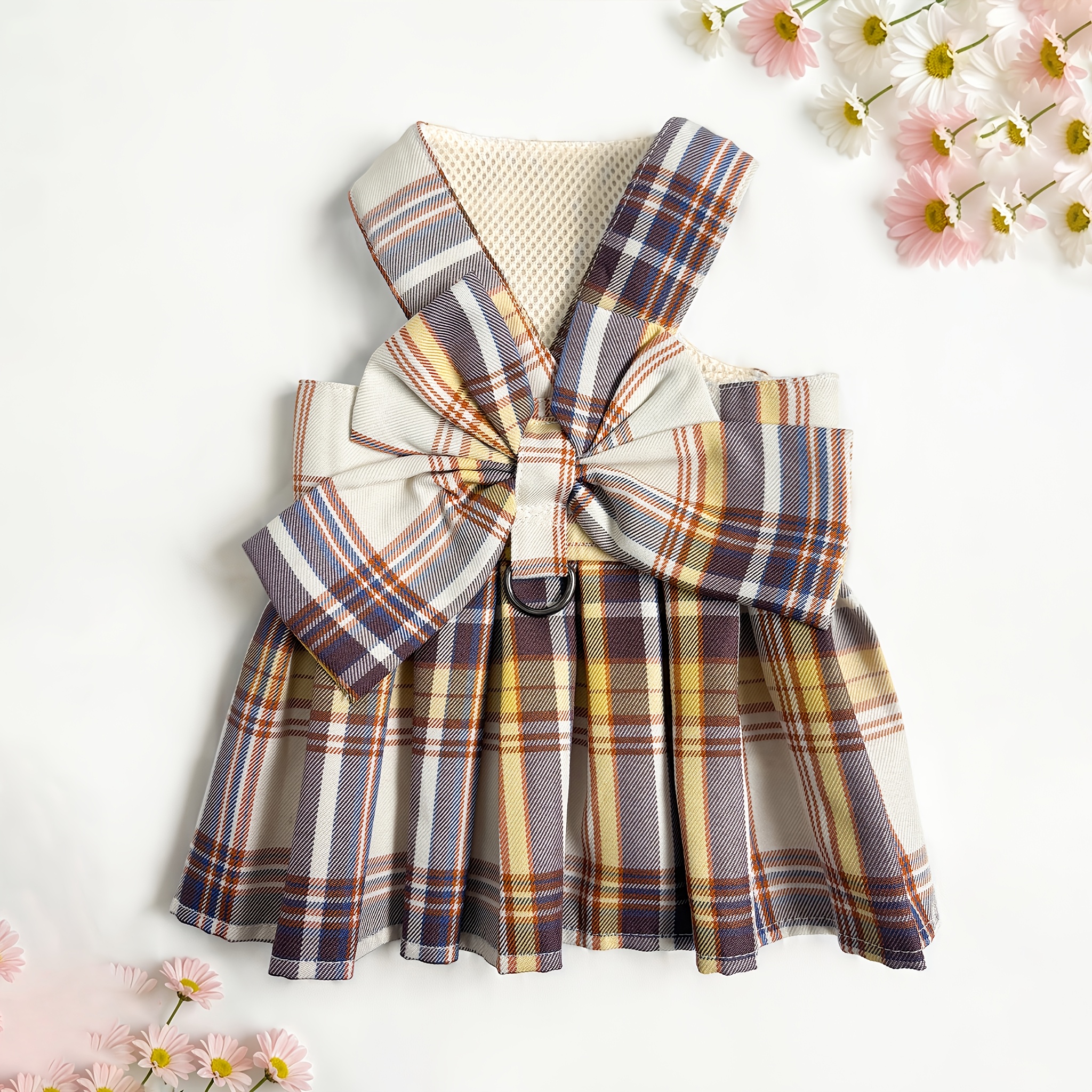 TEMU Plaid Pattern V-neck Dress, Side Button Closure For Easy Dressing, Breathable Mesh, Suitable For Small To Medium Dogs' Pet Apparel