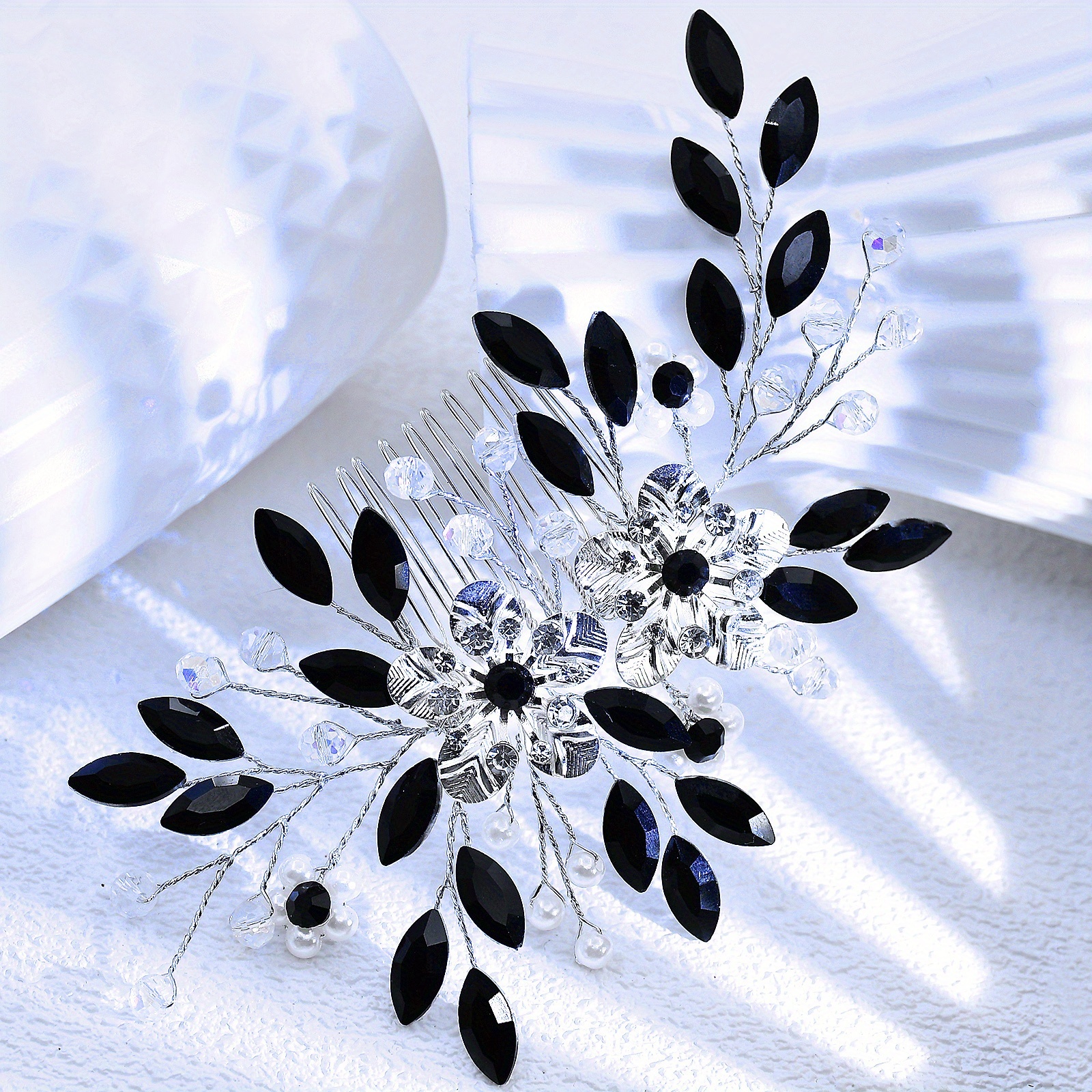 Image of Minimalist Dark Rhinestone Halloween Party Hair Accessory For Women - Floral Element Holiday Gift, Casual Attire Hp908d-hei