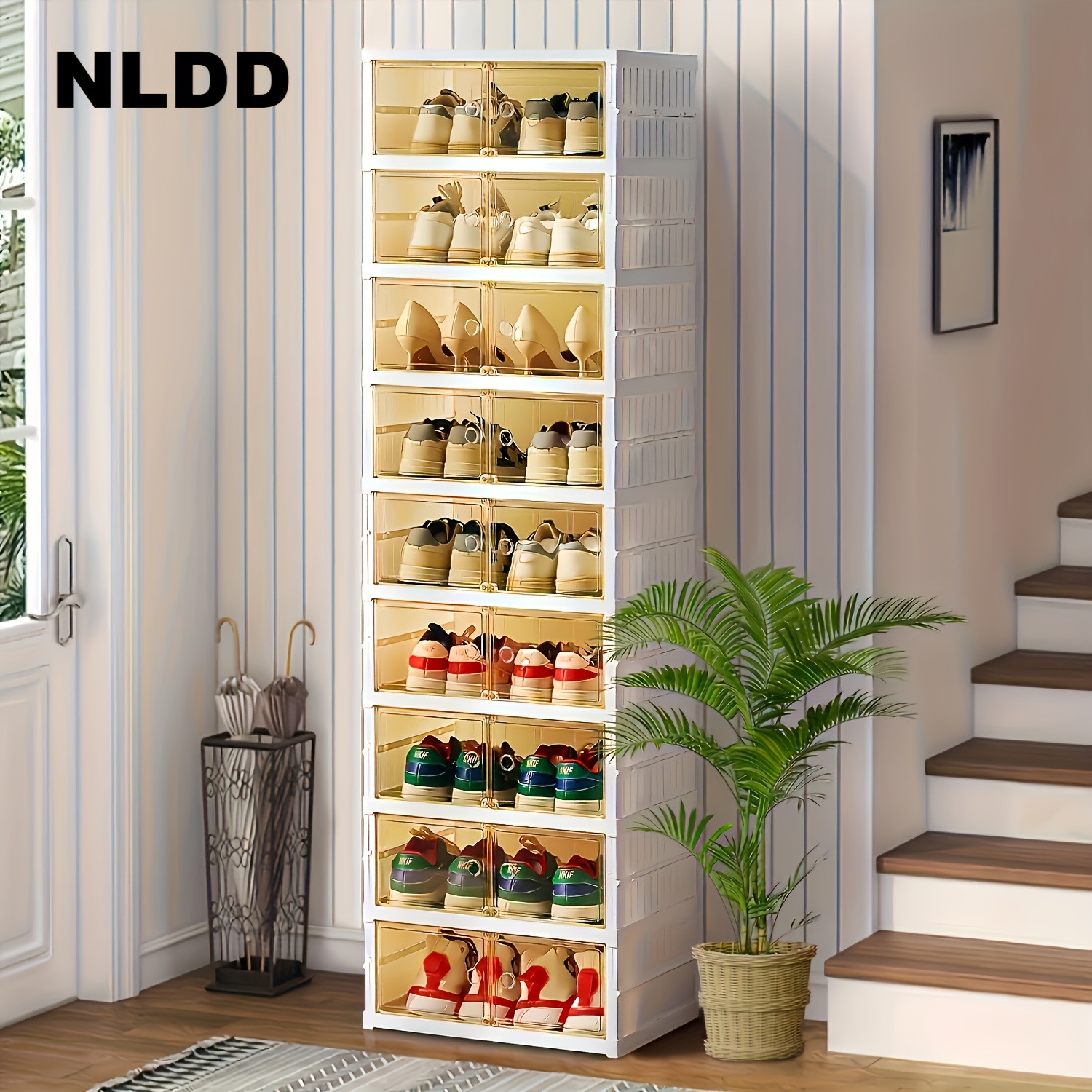 

9 Tier Foldable Shoe Rack Organizer For Closet 18pairs Plastic Collapsible Shoe Racks Shelf Stackable Clear Folding Shoes Storage Boxes For Small Spaces Narrow Shoe Storage Cabinet