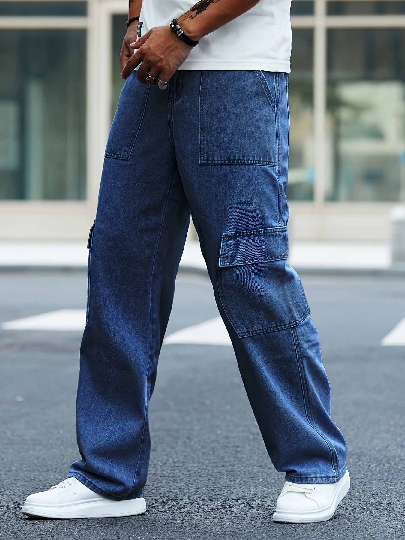 *'S Loose Fit Washed Denim Jeans with Multiple Pockets Casual Wide-Leg  Pants, Non-Stretch Fabric White Sneakers Included, All