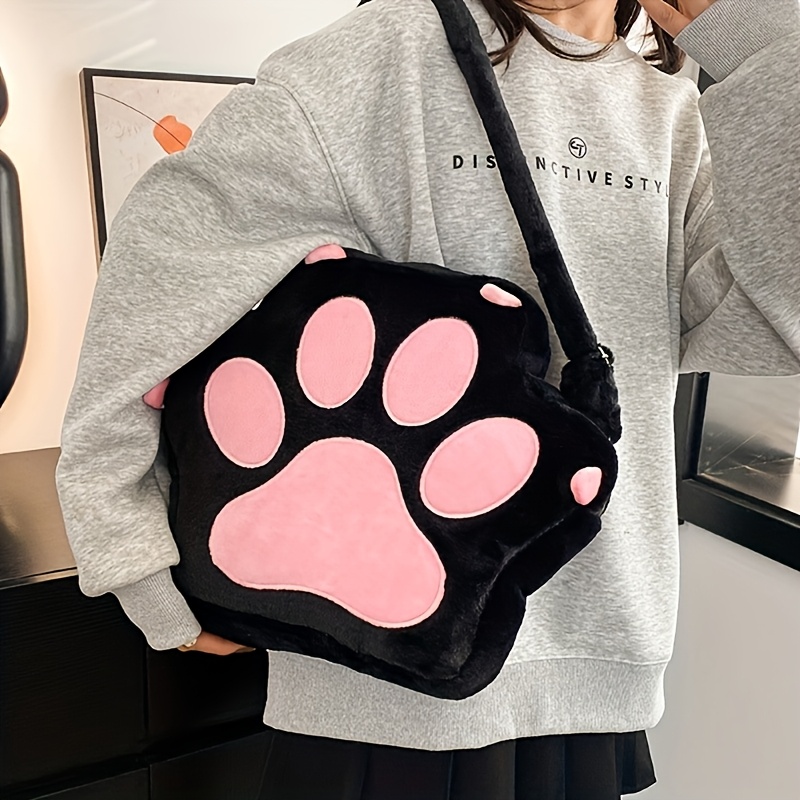 Women'S Cute Cat Paw Crossbody Bag Soft Plush Purse with Zipper Closure,  Large Capacity Bookbag for s Women, Everyday White/Black, Cat