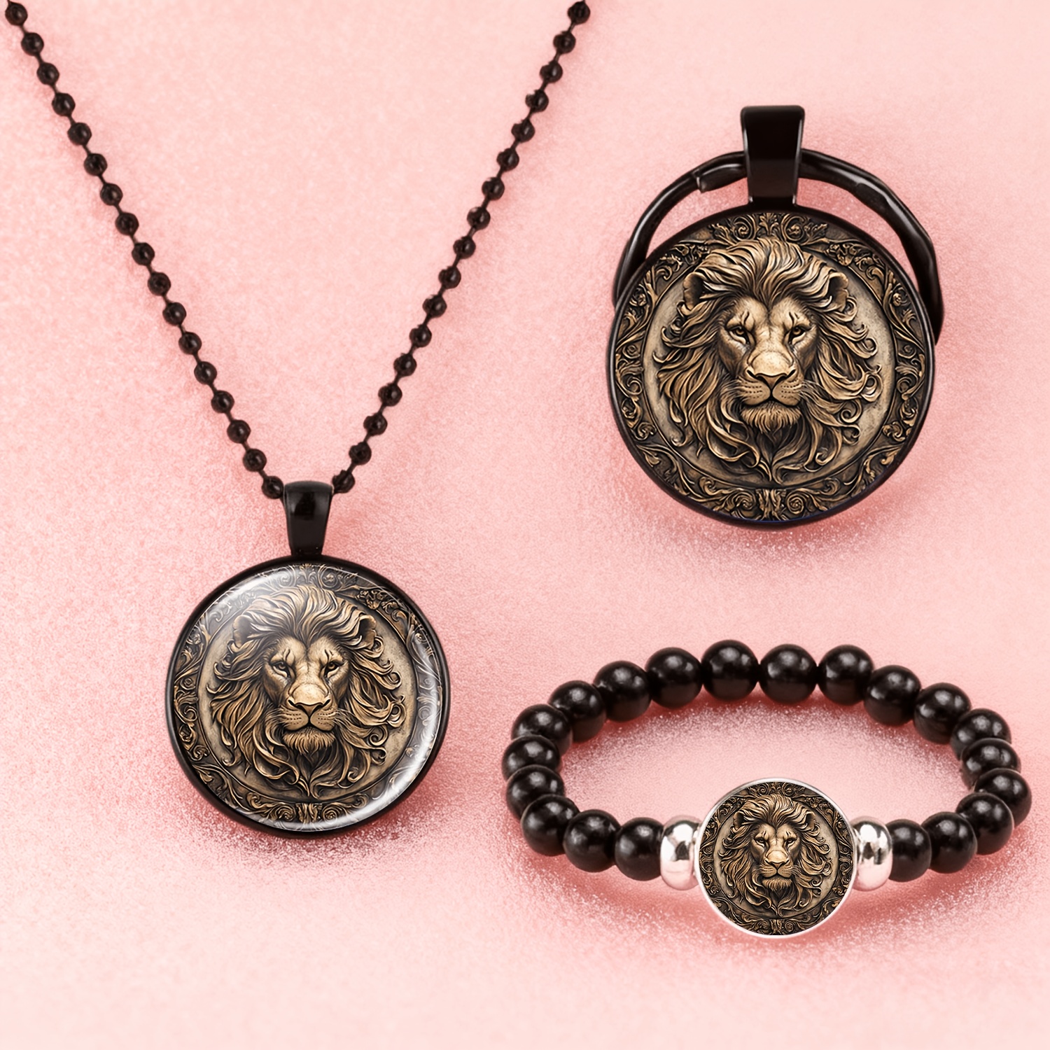 TEMU 3pcs Set: 1 Necklace, 1 Bracelet, 1 Keychain. Men's Black Accessory Set Featuring A Circular Glass Inlay With A Design In Golden And Brown. The