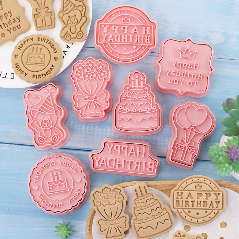TEMU 8pcs Happy Birthday Cookie Molds Birthday Cake Cartoon Bear 3d Biscuit Baking Tools For Birthday Party Decorations