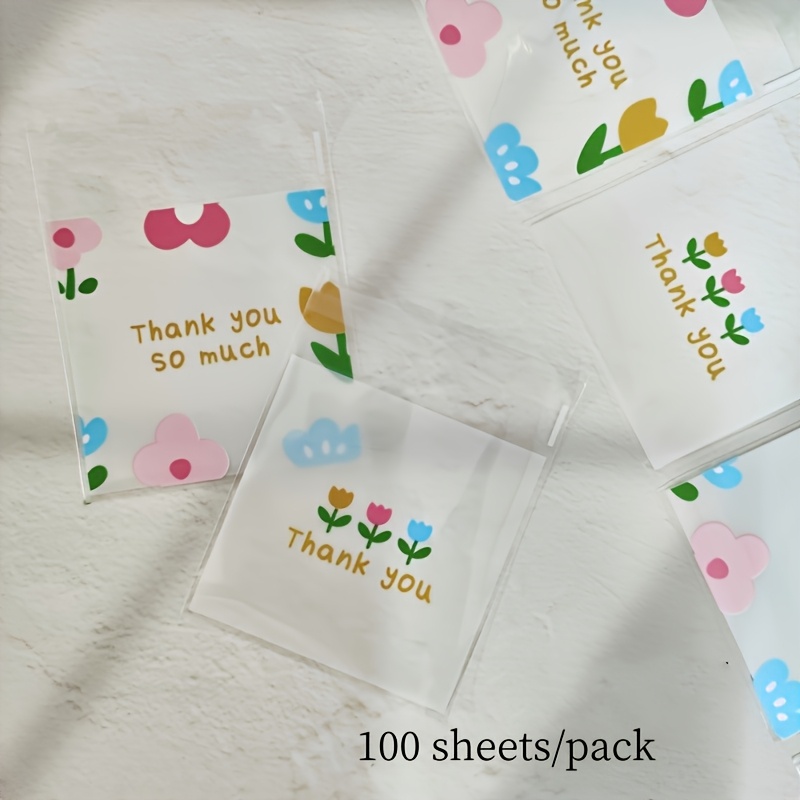 Image of 100/200 Sheets (1 Pack), "thank You" Flower Series Gift Packaging Bags, 10*10cm Transparent Square Self-sealing Plastic Packaging Bags, Party Gift Bags